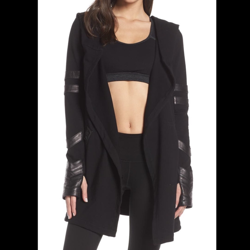 blanc noir Black Draped Open Front Jacket with Leather Trim